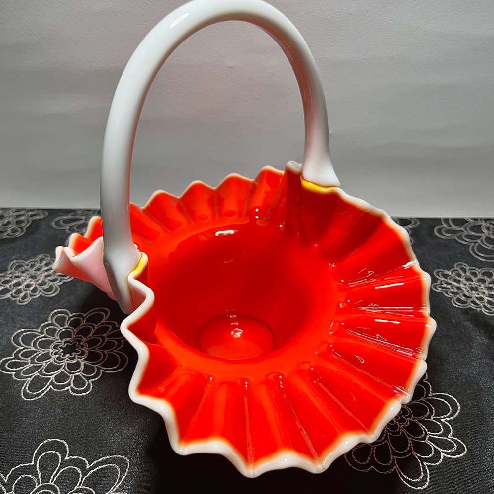 Vintage Fenton Hobnail Basket Ruby Red Overlay with White Handle & Ruffled Edge